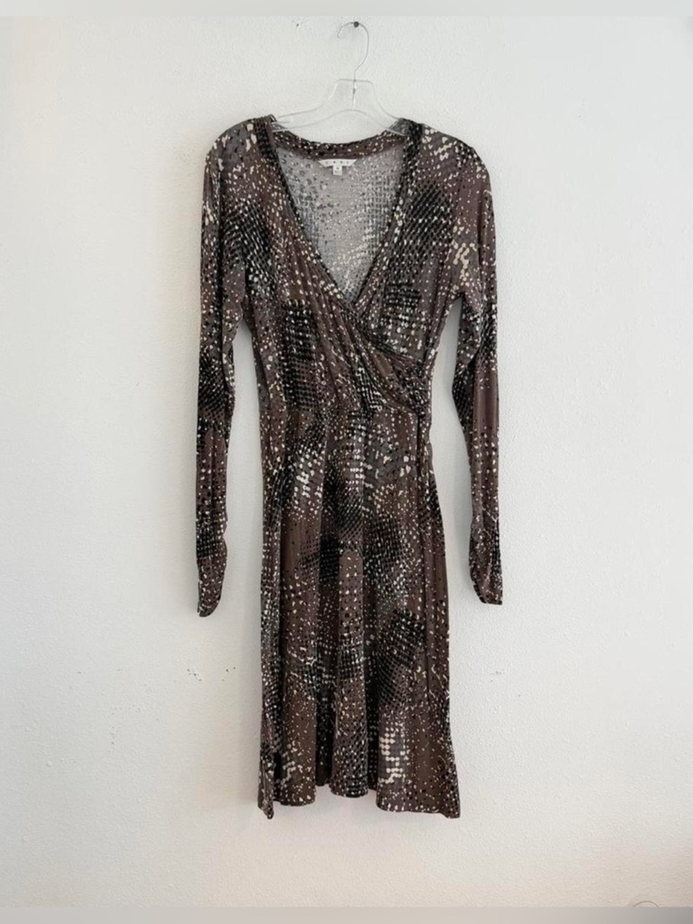 CAbi Brown and Cream Printed Long-Sleeve Wrap Dress